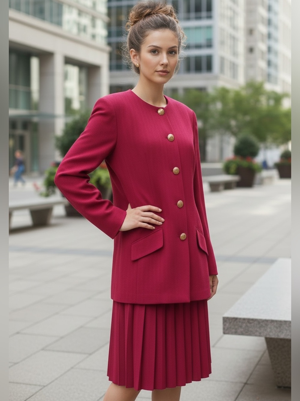 80s 2PC NORTON MCNAUGHTON FUSIA PINK COLLARLESS LONG JACKET & PLEATED SKIRT SZ 8